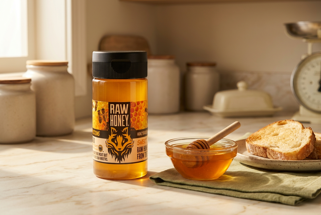 Honey Badgers Bee Farm Raw Honey bottle beside a bowl of amber honey, a wooden honey dipper, and toast on a cream kitchen counter.