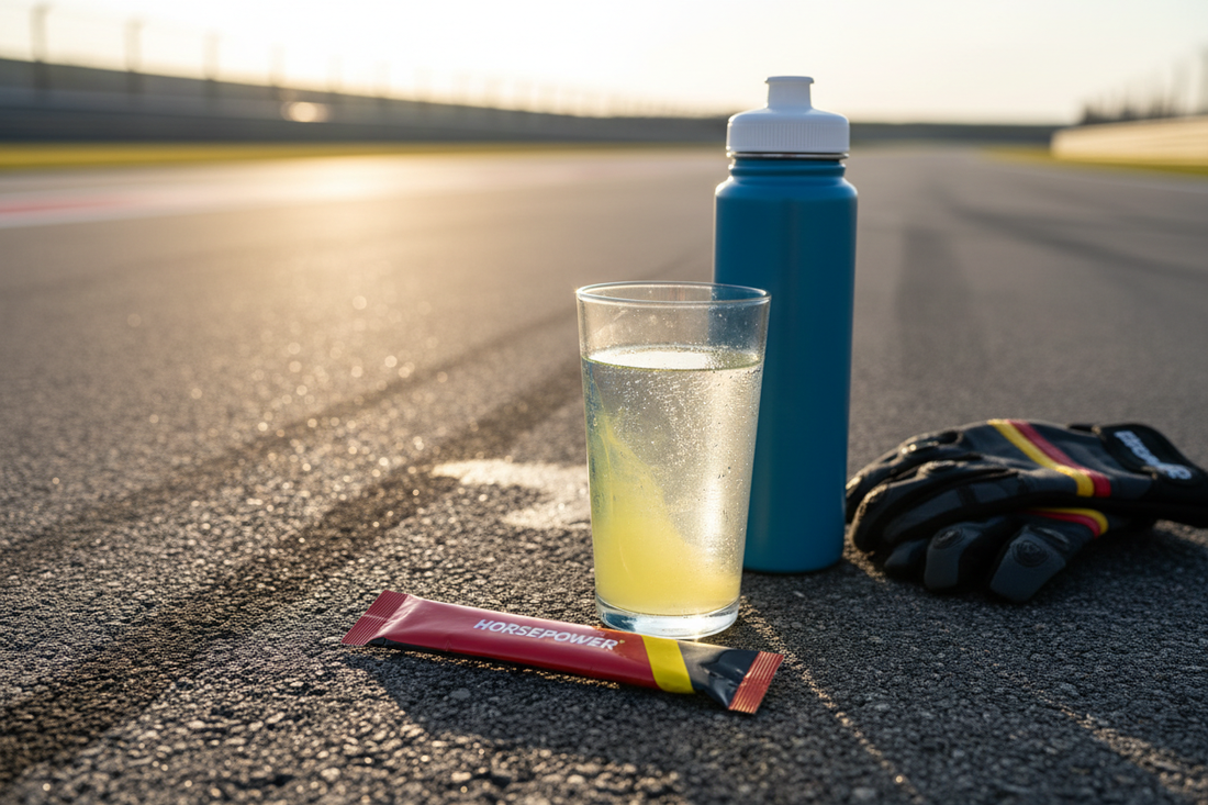 Horsepower Hydration drink with a sports bottle and hydration stick on a racing-inspired track setting.