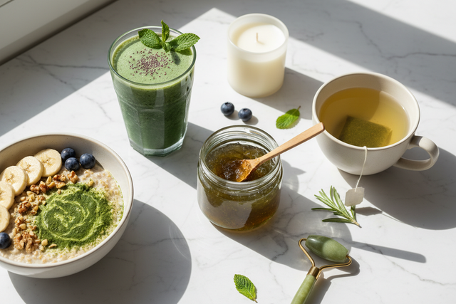 Open sea moss gel jar with wooden spoon next to a smoothie, oatmeal, and tea on a white marble surface — daily sea moss routine guide by Daily Health & Beauty