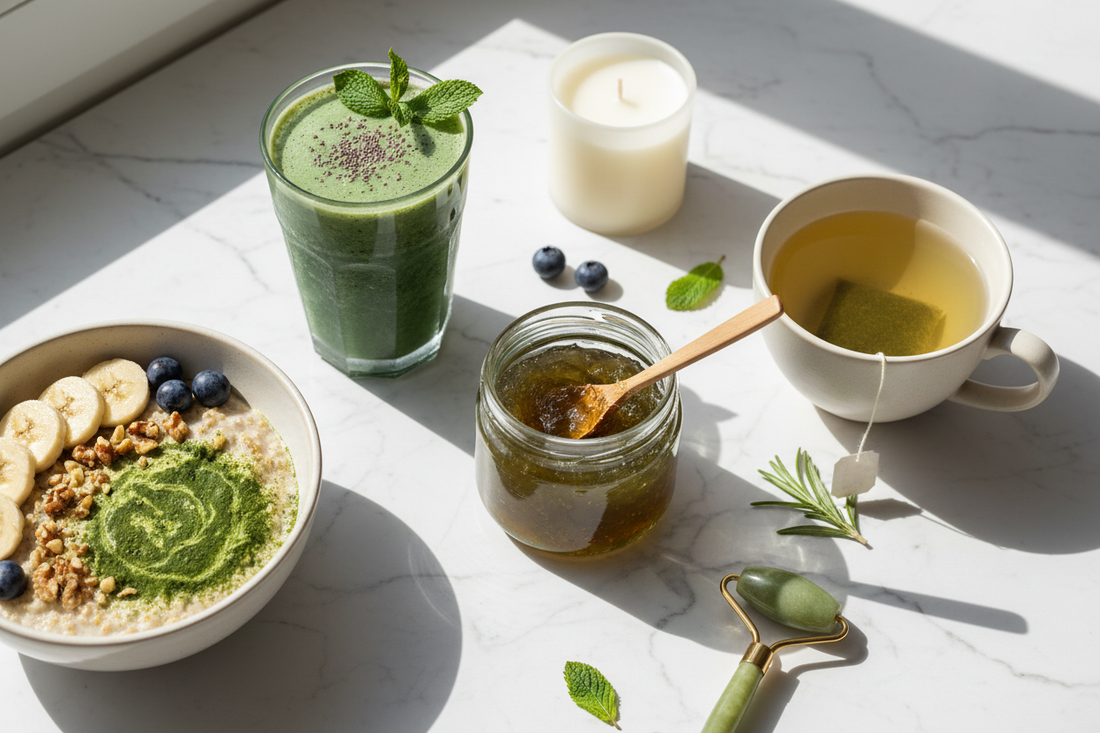 Open sea moss gel jar with wooden spoon next to a smoothie, oatmeal, and tea on a white marble surface — daily sea moss routine guide by Daily Health & Beauty