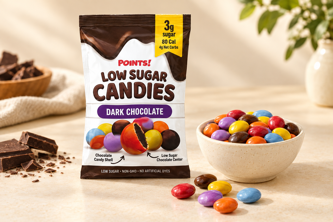 Hummii Snacks POINTS! dark chocolate candy pouch beside a bowl of colorful candy-coated chocolates on a cream tabletop.