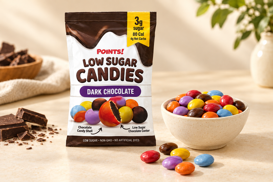 Hummii Snacks POINTS! dark chocolate candy pouch beside a bowl of colorful candy-coated chocolates on a cream tabletop.