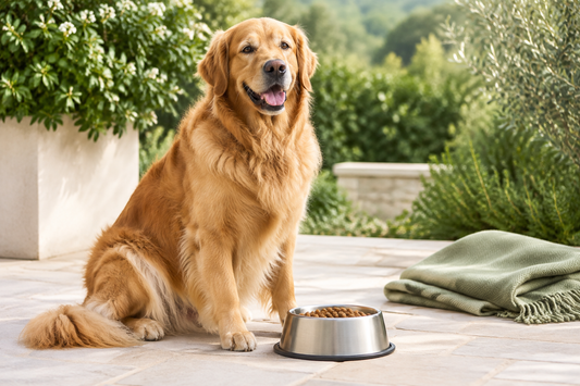  K9 Power editorial image of a golden retriever beside a stainless-steel food bowl on a light patio with green foliage and a sage blanket.