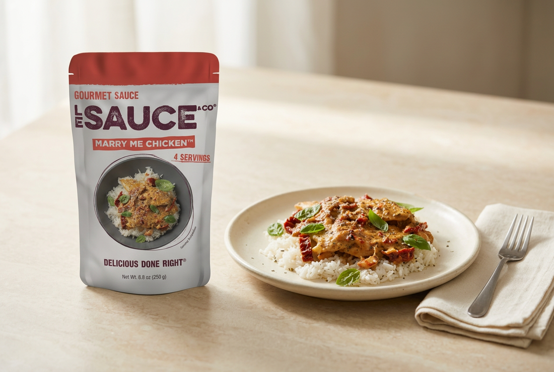 Le Sauce & Co. Marry Me Chicken sauce pouch beside a plate of chicken and rice with tomato-cream sauce on a cream dining surface.