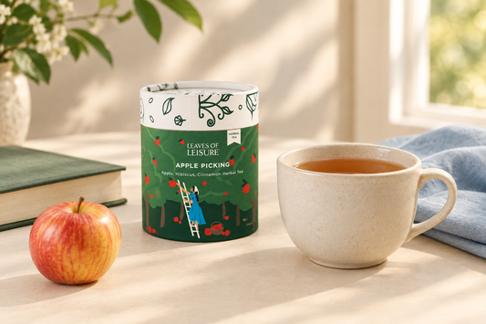 Leaves of Leisure Apple Picking tea canister beside a cup of amber tea, a book, an apple, and pale-blue linen on a cream tabletop.