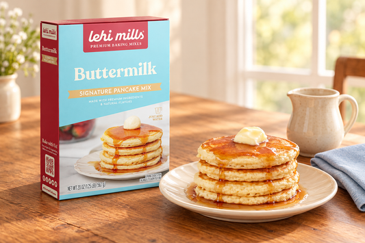  Lehi Mills Buttermilk Pancake Mix box beside a plate of golden pancakes with butter and syrup on a warmly lit wooden breakfast table.