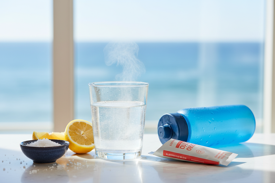 Leisure Hydration electrolyte drink with citrus, sea salt, and a water bottle for refreshing daily hydration.