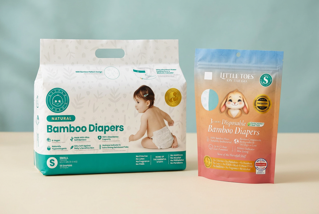 Little Toes bamboo diaper pack and compact woodland-themed travel pouch arranged on a cream surface against a soft teal background.
