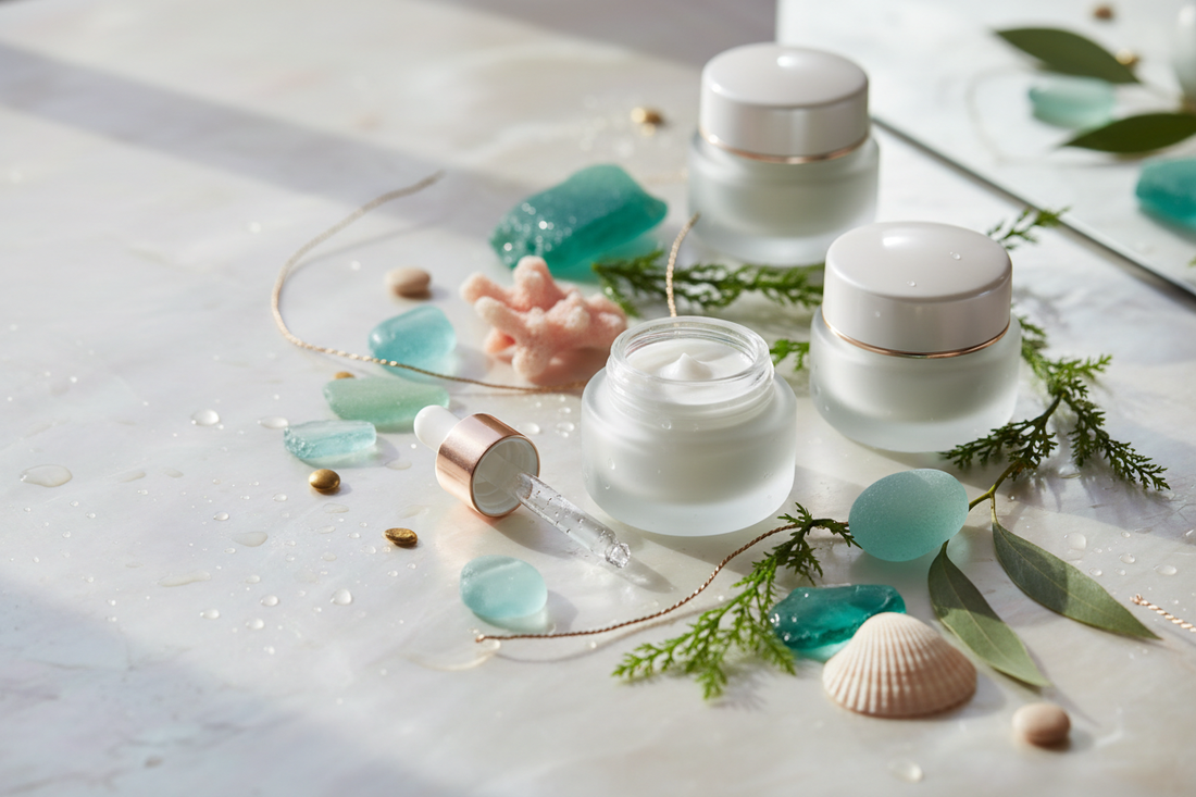 Maree ocean-inspired skincare with sea glass, green algae, botanicals, and gold accents on a pearl-toned vanity.