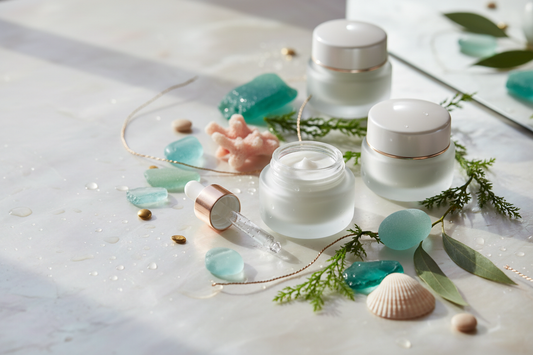 Maree ocean-inspired skincare with sea glass, green algae, botanicals, and gold accents on a pearl-toned vanity.