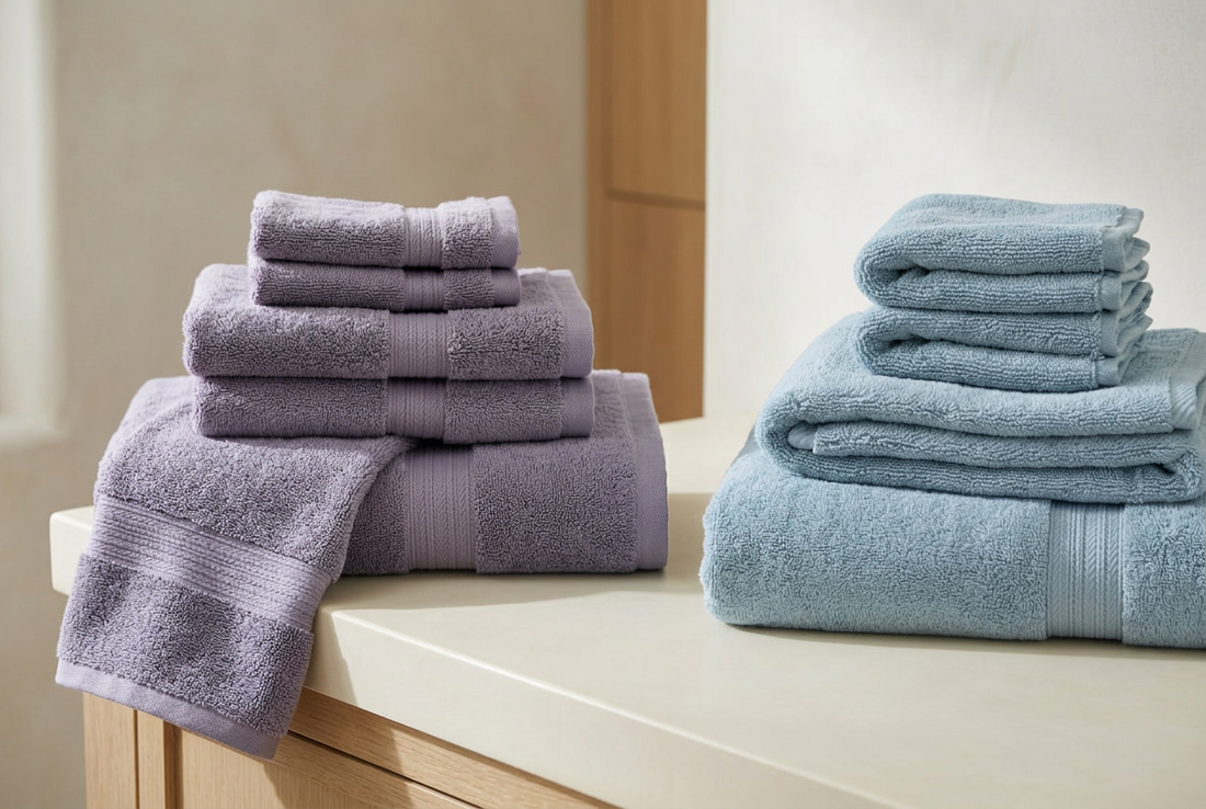 Mauve Aegean and shore-blue Presidential Thirsty Towels arranged in separate stacks on an ivory bathroom surface.