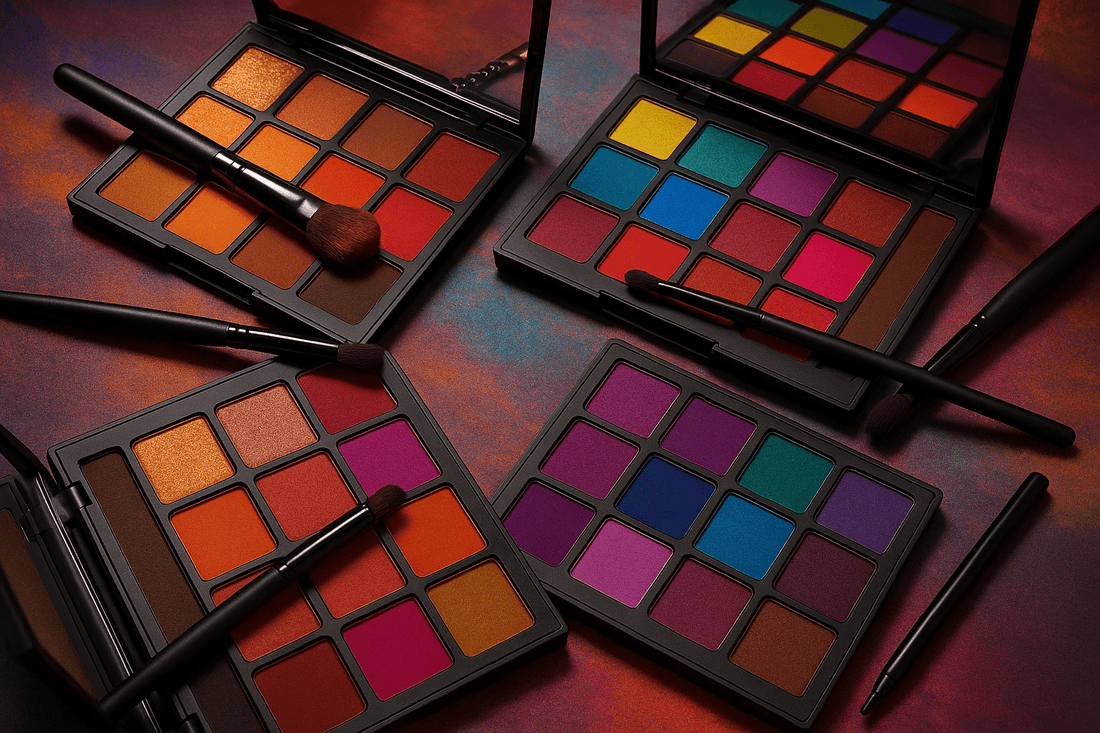 Profusion Cosmetics vibrant makeup palettes with bold pigmented colors displayed on a creative artistic surface