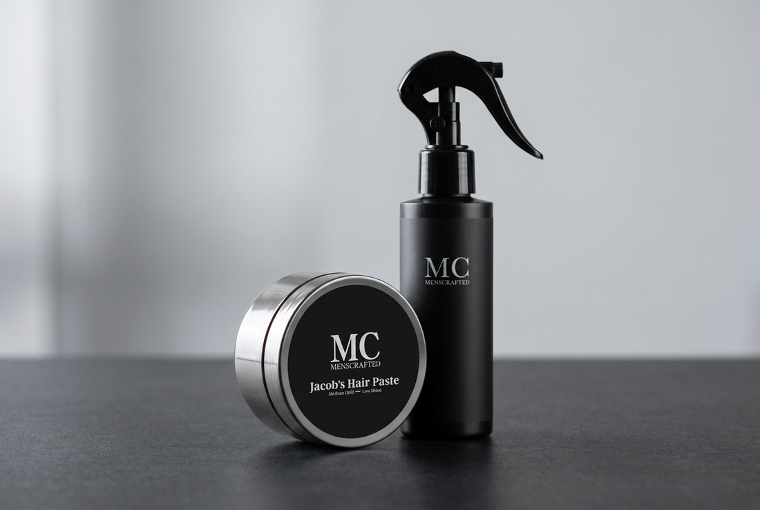 Menscrafted Jacob’s Hair Paste jar beside a black Sea Salt Spray bottle on a charcoal counter with soft silver-grey surroundings.