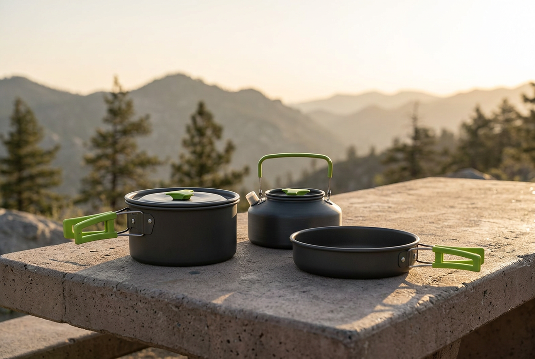 Charcoal camping pot, kettle, and frying pan with green handles arranged on a stone surface overlooking softly lit mountain ridges, representing Mercantile Mountain’s outdoor collection.