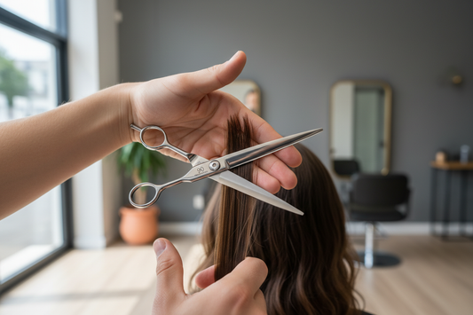 Professional hairdresser using precision Tondeo scissors during a salon haircut, representing 90 years of craftsmanship.