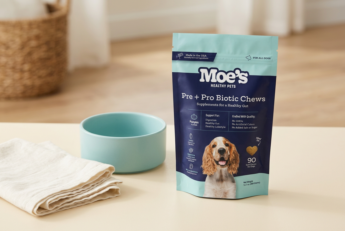 Moe’s Healthy Pets Pre + Pro Biotic Chews navy and aqua pouch beside an aqua dog bowl and ivory linen on a cream surface.