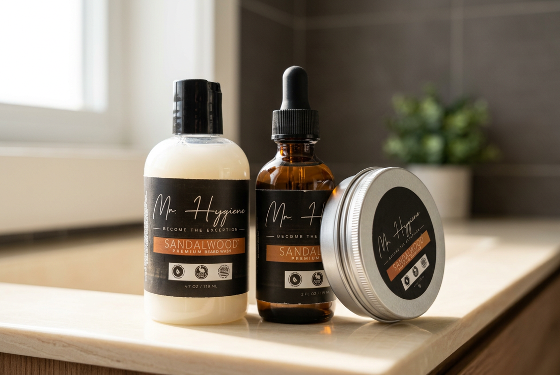 Mr. Hygiene Sandalwood beard wash, beard oil, and silver beard balm tin arranged on a cream bathroom counter.