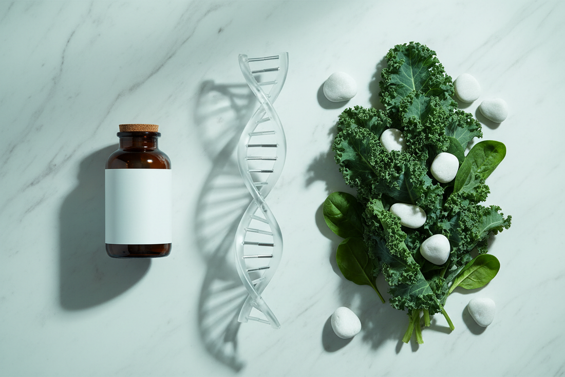 Editorial flat lay of a DNA model, dark supplement bottle, and fresh leafy greens on white marble — MTHFR gene mutation and methylation blog hero