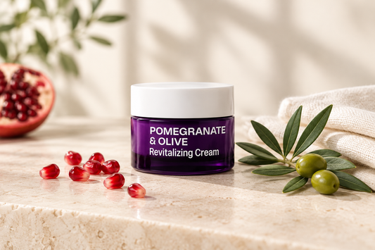 Mudita Earth Pomegranate and Olive cream jar beside pomegranate seeds, an olive sprig, and ivory linen on a cream stone surface.