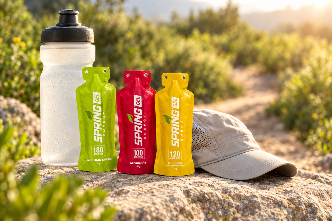 MySpringEnergy green, red, and yellow gel pouches beside a water bottle and running cap, with a sunlit trail softly blurred in the background.