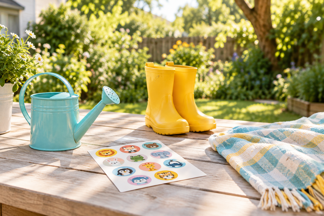 NATPAT editorial backyard scene with colorful animal stickers, an aqua watering can, yellow rain boots, and a picnic blanket beside sunlit greenery. ⠋