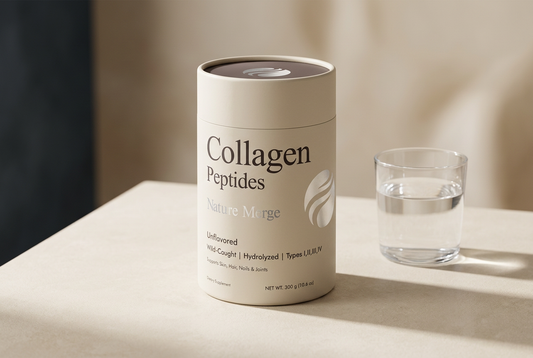 Nature Merge Collagen Peptides cream canister beside a glass of water on an ivory stone surface against a softly lit taupe background.
