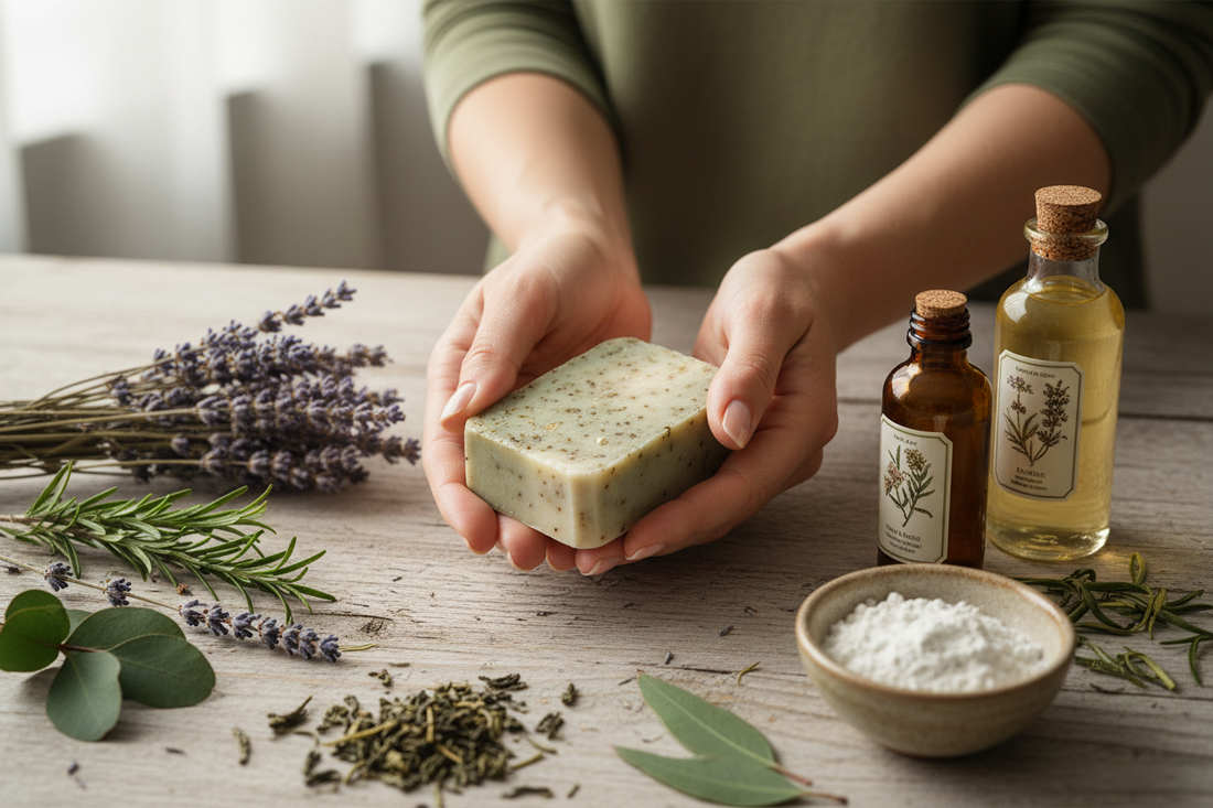 Hands crafting a natural soap bar surrounded by dried botanicals and plant-derived ingredients, representing No Tox Life's handmade, clean beauty ethos