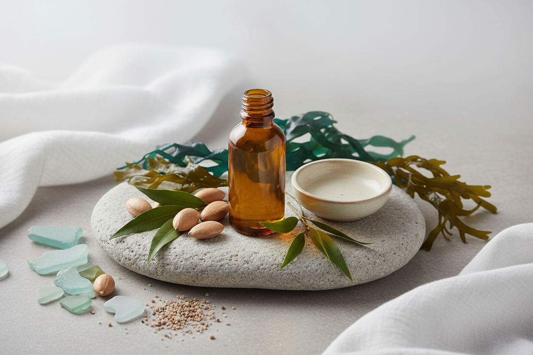 Nordic Breeze Beauty argan oil with Norwegian seaweed, argan fruit, sea glass, and coastal textures on a pale stone surface.