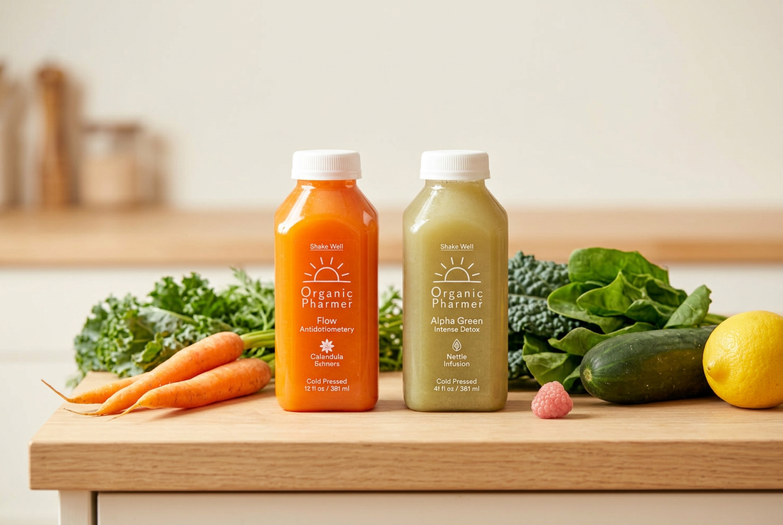Organic Pharmer Flow and Alpha Green beverage bottles beside carrots, leafy greens, cucumber, and lemon on a light wooden counter.