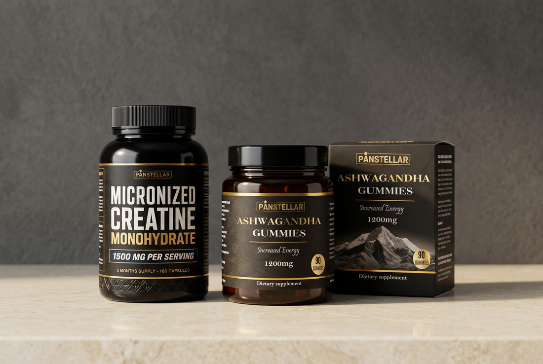  Panstellar Micronized Creatine Monohydrate bottle beside an Ashwagandha Gummies jar and matching black-and-gold carton on an ivory counter.