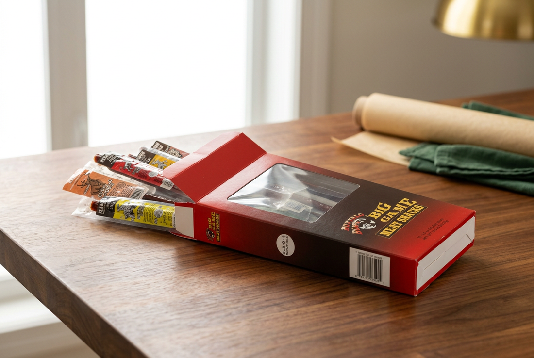 Ranch Hand Provisions Sweet 16 assortment in a red Buffalo Bob’s gift box with individually wrapped meat snacks on a wooden table.