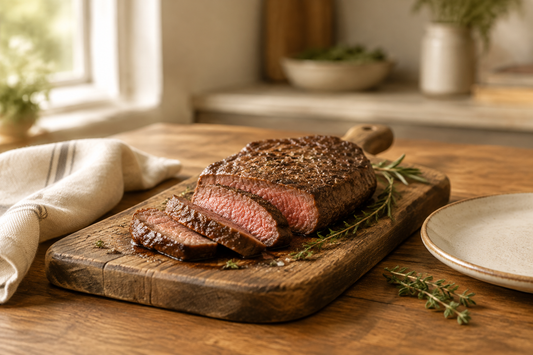 Ranch-inspired serving scene with sliced cooked steak on a wooden board beside cream linen and a ceramic plate in warm natural light.