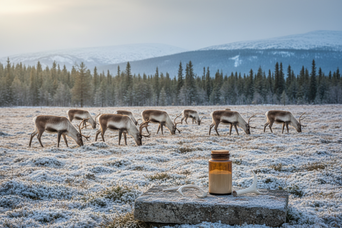 Reindeer herd grazing in a Nordic meadow beside a natural reindeer antler velvet supplement jar.