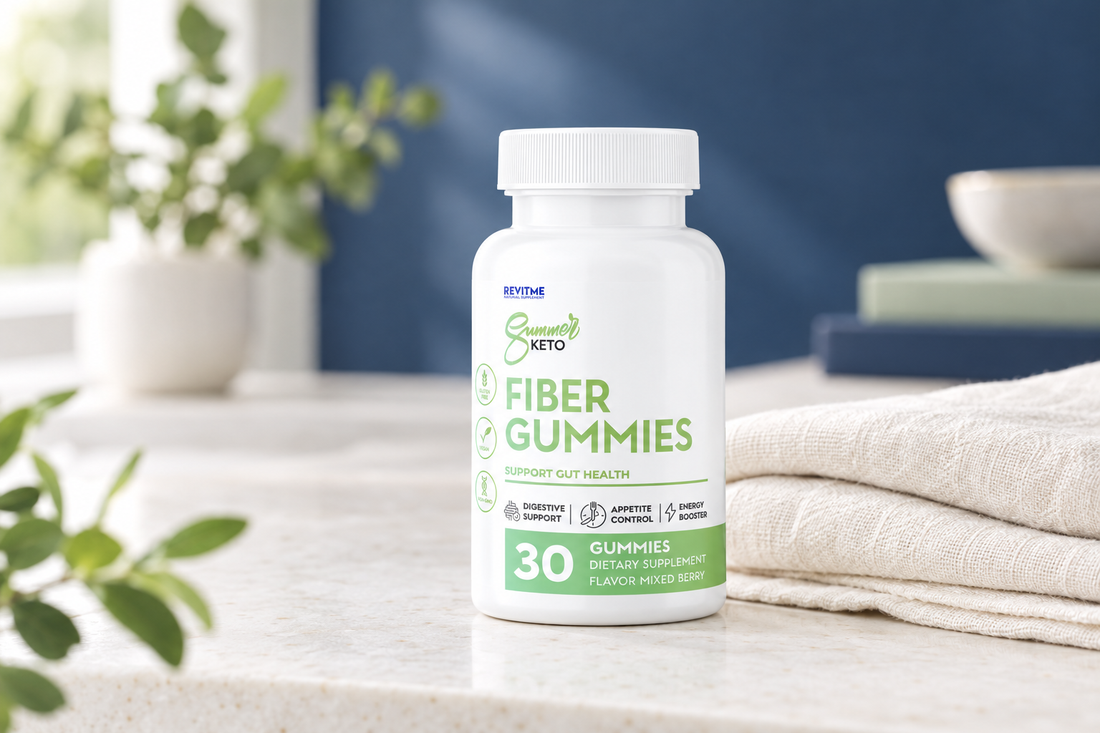 RevitMe Fiber Gummies bottle with pale-green label accents beside ivory linen on a white stone surface with a soft navy background.