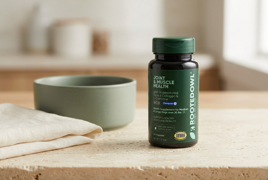 Rooted Owl Joint & Muscle Health dark-green supplement bottle beside a muted-green dog bowl and ivory linen on a cream stone surface.
