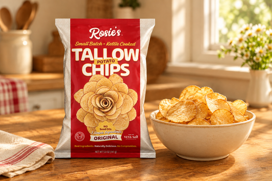  Rosie’s Original Tallow Potato Chips bag beside a cream bowl of golden kettle-cooked chips on a warmly lit wooden kitchen table.