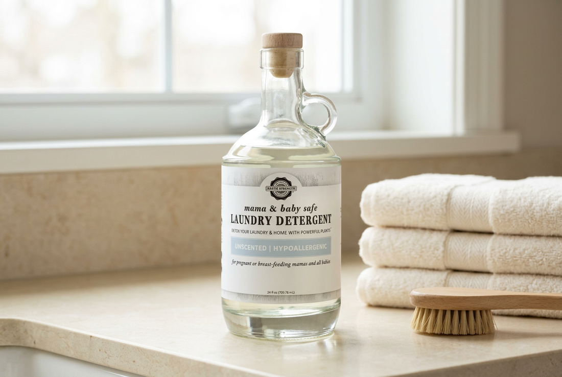 Rustic Strength laundry detergent in a clear handled glass bottle beside folded ivory towels and a wooden brush on a cream counter.