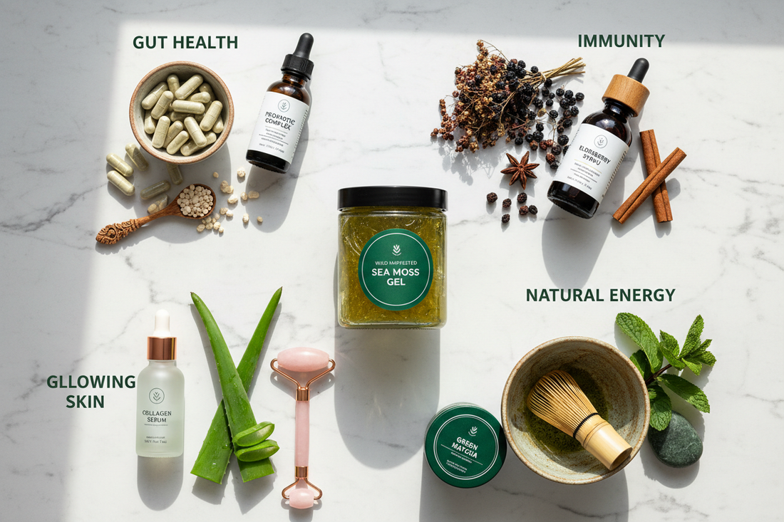 Sea moss gel jar surrounded by elements representing gut health, immunity, skin glow, and natural energy on a white marble surface — Daily Health & Beauty