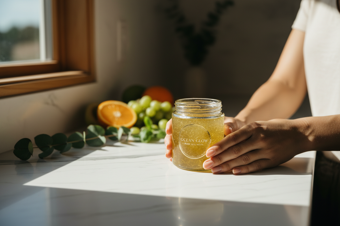 Hands holding a jar of golden wild harvested sea moss gel on a white marble kitchen counter with morning light — Daily Health & Beauty daily sea moss benefits guide
