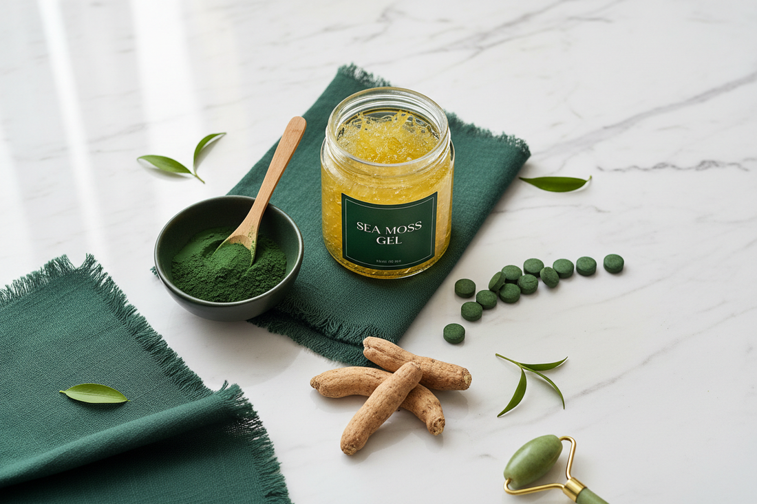 Sea moss gel jar alongside spirulina powder, chlorella tablets, and ashwagandha root on a white marble surface — superfood comparison for Daily Health & Beauty
