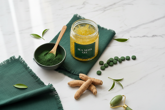 Sea moss gel jar alongside spirulina powder, chlorella tablets, and ashwagandha root on a white marble surface — superfood comparison for Daily Health & Beauty