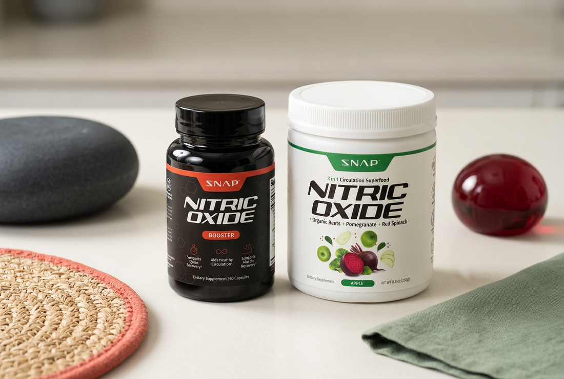 Snap Supplements Nitric Oxide Booster bottle and Apple-flavored Nitric Oxide Organic Beets powder tub on an ivory counter.