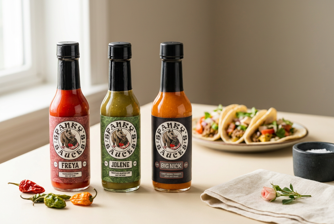  Spanky's Sauces Freya, Jolene, and Big Nick hot sauce bottles on an ivory kitchen table with tacos in the background.