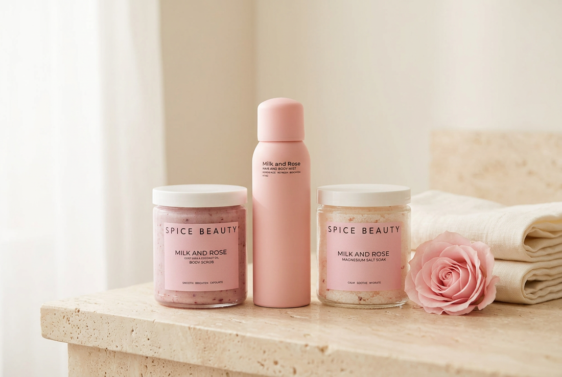 Spice Beauty Milk & Rose body scrub, hair and body mist, and magnesium salt soak beside ivory linen and a pink rose on a cream stone surface.