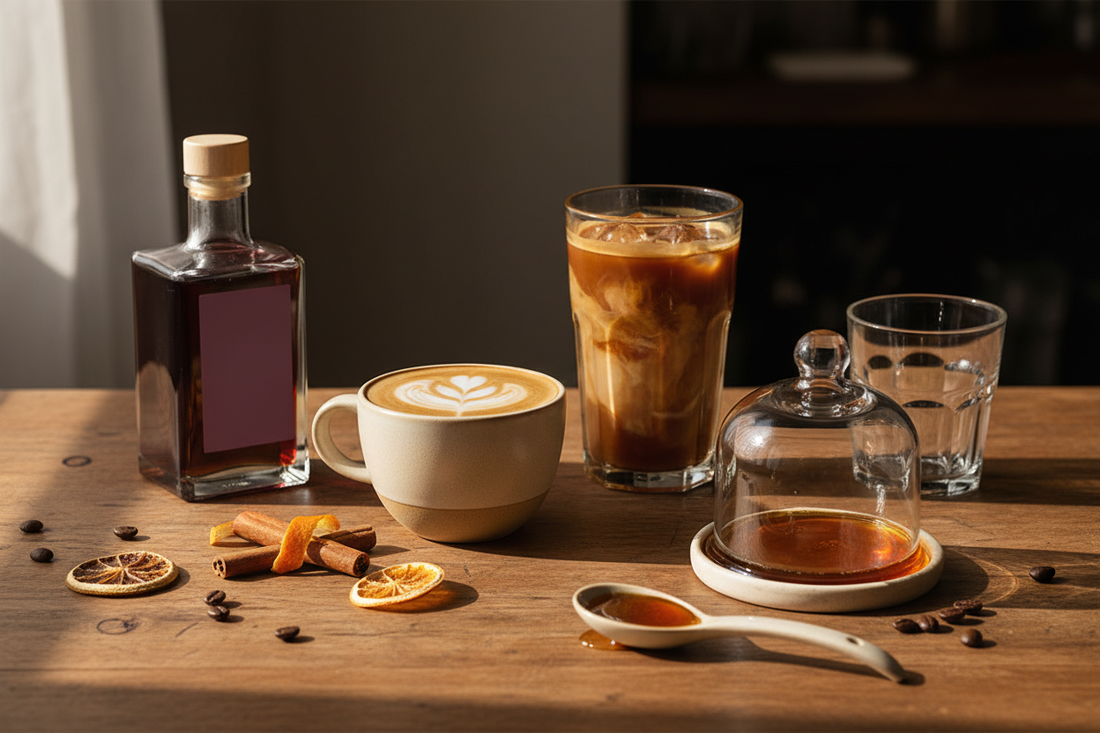 surrup. flavored syrup beside a latte and iced coffee with coffee beans, cinnamon, and orange peel.