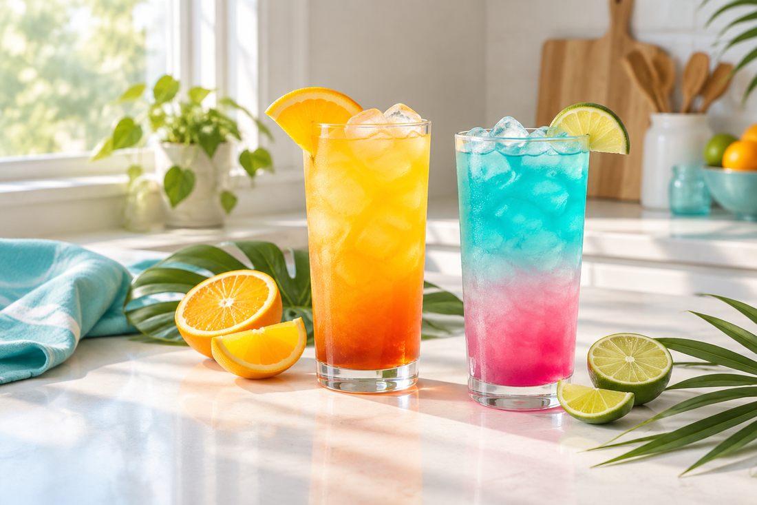 The Loaded Tea Shop editorial image of colorful iced drinks on an ivory kitchen counter with citrus slices, tropical leaves, and aqua accents.