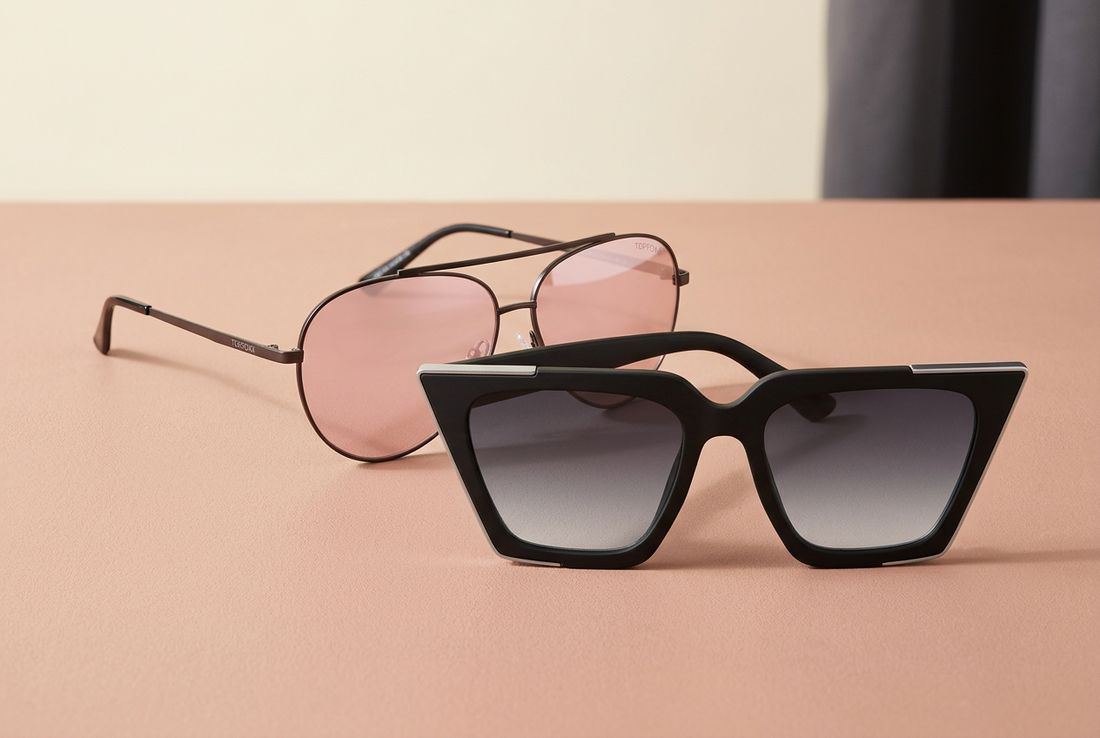 TopFoxx pink mirrored aviator sunglasses beside black geometric cat-eye sunglasses with grey gradient lenses on a blush surface.