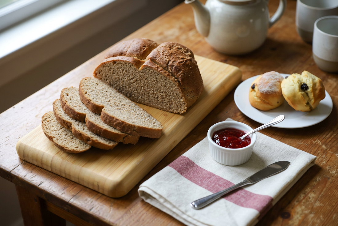 Two and a Half Irishmen brown soda bread and raisin fruit scones arranged with ivory linen and a small dish of jam on a wooden table.
