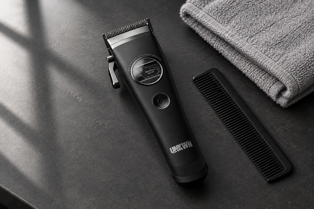 UNKWN black Cyclone clipper beside a black comb and folded grey towel on a charcoal barber-station surface.