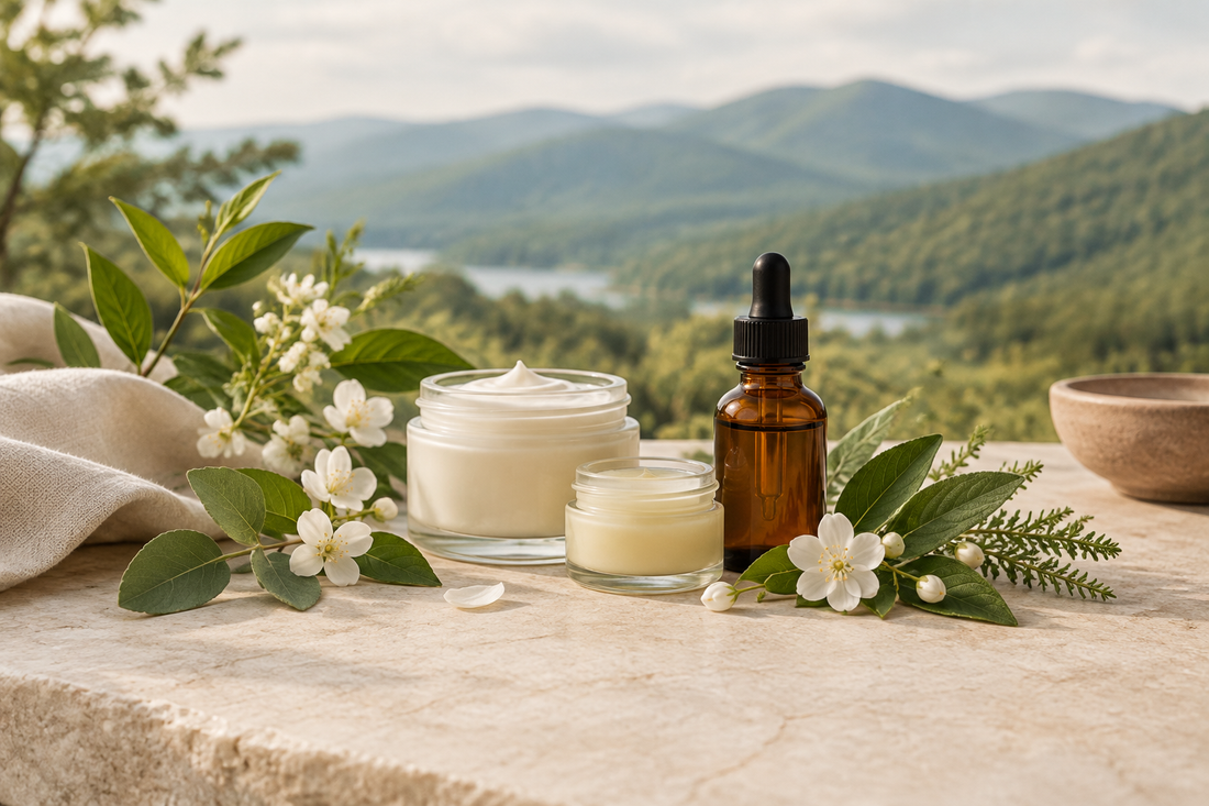 Editorial still life for Baby le Bébé featuring unlabelled skincare jars, an amber dropper bottle, fresh leaves, and white blossoms, evoking botanical, nourishment-first skincare.